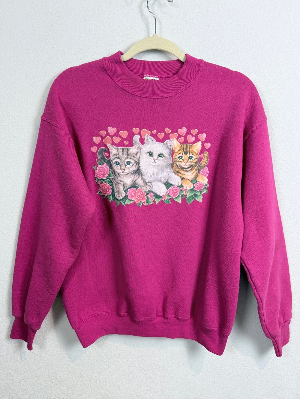 Vintage 90s Magenta Sweatshirt Three-Kitten Graphic M